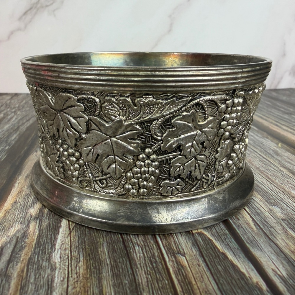 Wine Bottle Coaster Grape Vine Embossed Silver Plate Barware Accessory Vintage